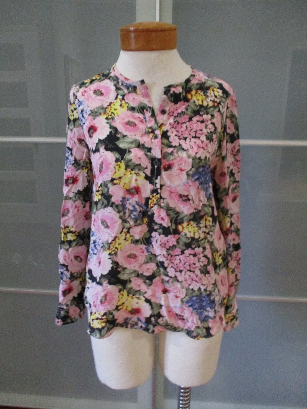 Rebecca Taylor Long Sleeve Floral Print 100% Silk Popover Blouse Tunic